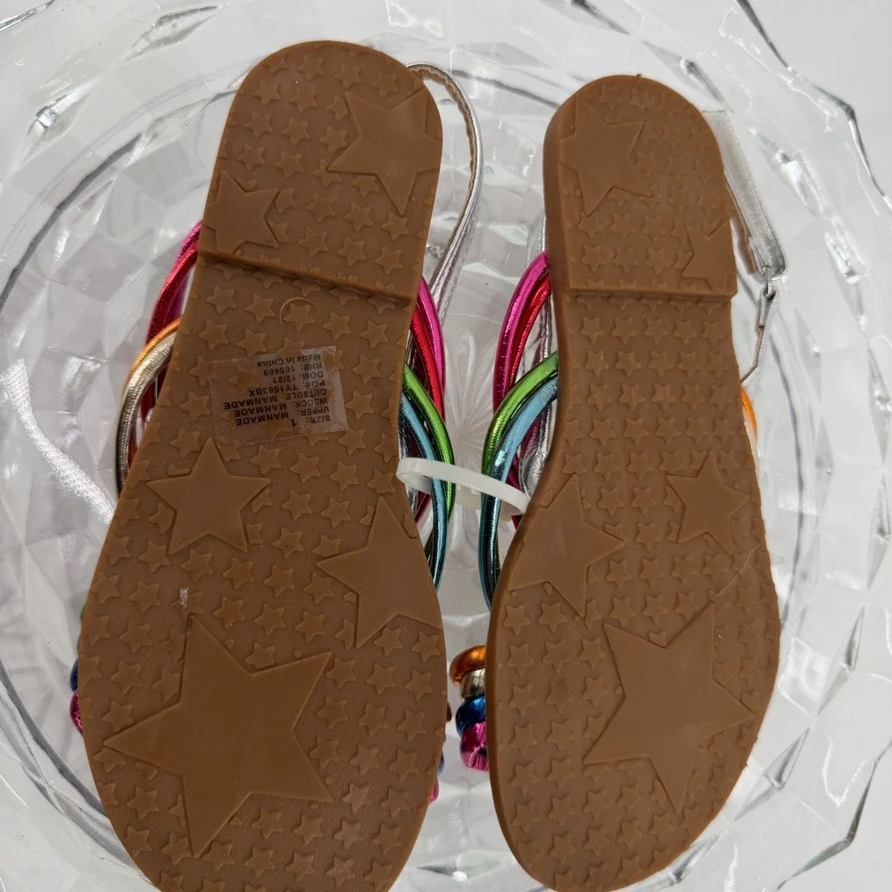Olivia Miller Girl Rainbow Metallic Strappy Sandals Kids Size 13/1 Flat Silver